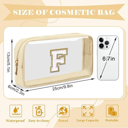 Personalized Initial Letter Clear Makeup Bag,Preppy Small Nylon&PVC Cosmetic Zipper Bag with Chenille Letter,Portable Beach Travel Skincare Toiletry Bag,Trendy Monogram Gift for Teen Girls Women,F