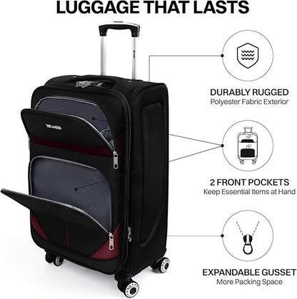 3-Piece Softside Expandable Luggage Set with Front Open Pocket,Lightweight Durable Suitcase Sets Double Spinner Wheels & w/LOCK（Black-Burgundy,20in/24in/28in）