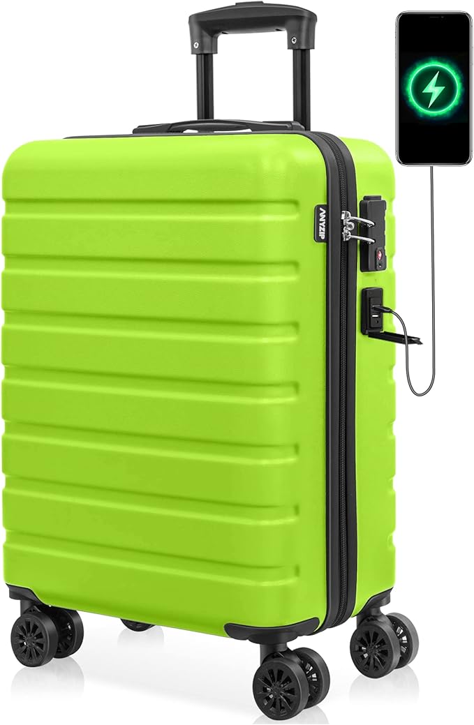AnyZip Carry On Luggage 21" Hardside PC ABS Lightweight USB Suitcase with Wheels TSA Lock for kids AppleGreen
