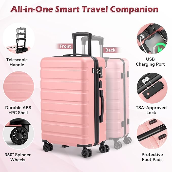 AnyZip Suitcase Hardside PC ABS Lightweight USB Luggage with Wheels TSA Lock Checked-Medium 24 Inch Pink