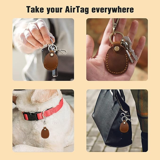 Genuine Leather Airtag Holder, Portable Air Tag Keychain with Key Rings Full Coverage Air Tags Hidden Case Cover Compatible for AirTags Grey