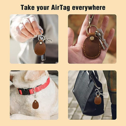 Genuine Leather Airtag Holder, Portable Air Tag Keychain with Key Rings Full Coverage Air Tags Hidden Case Cover Compatible for AirTags Blue