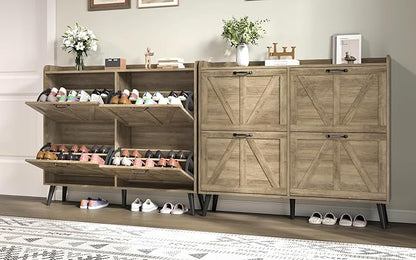 Shoe Cabinet with 4 Flip Drawers, Farmhouse Shoe Cabinet Storage for Entryway Slim, Freestanding Shoe Organizer Hidden Shoe Rack Cabinet with Wooden Legs, Rustic Oak