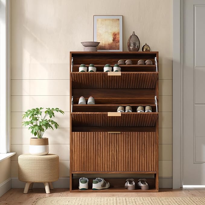 Walnut Tall Shoe Storage Cabinet for Entryway with 3 Flip Drawers, Narrow Wood Fluted Shoe Rack Cabinet, Freestanding Slim Shoe Organizer Cabinet for Foyer, Hallway