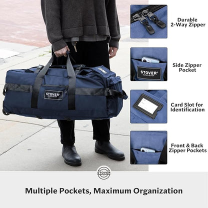 STOVER 80L Rolling Duffel Bag with Wheels, Large 31 Inch Durable Travel Duffle + Toiletry Bag, Heavy Duty, Packable, Foldable w/Shoulder Straps- Use as Luggage or Backpack, Men/Women (Blue)
