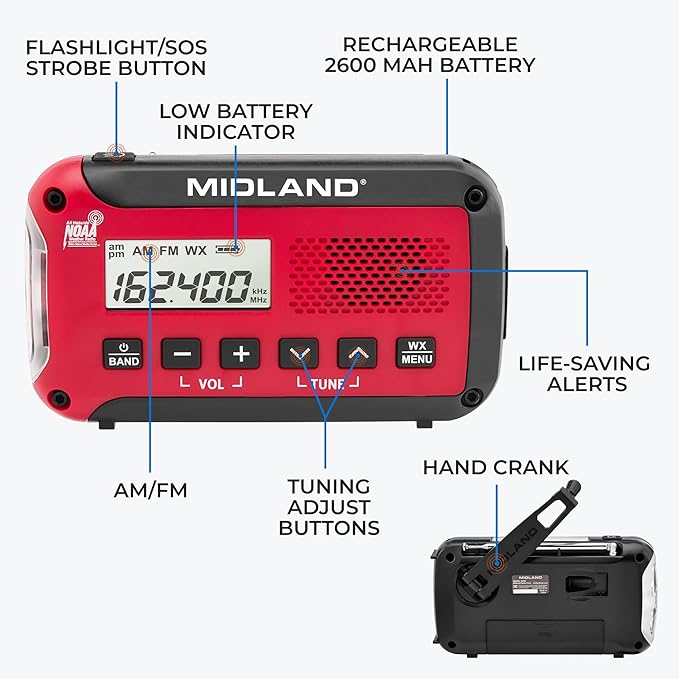 Midland ER50 Emergency Radio with Weather Alert and Flashlight - Hand Crank or Solar Power NOAA Weather Radio for Home or Travel with AM/FM Tuner