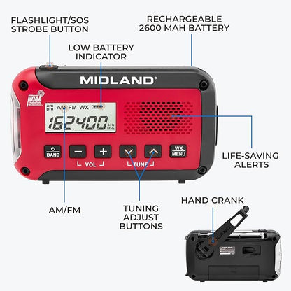 Midland ER50 Emergency Radio with Weather Alert and Flashlight - Hand Crank or Solar Power NOAA Weather Radio for Home or Travel with AM/FM Tuner