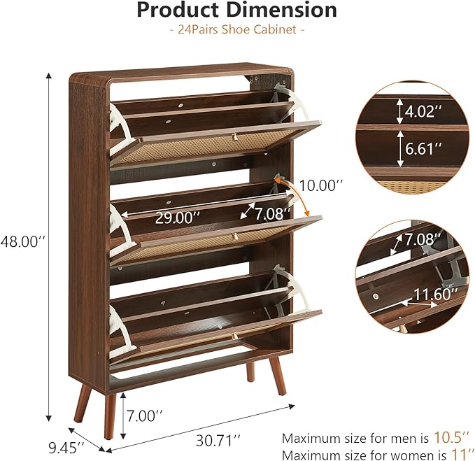 Rattan Shoe Cabinet with 3 Flip Drawers, 48 Pairs Narrow Shoe Storage Cabinet for Entryway Freestanding Hidden Shoe Rack, Modern Slim Wood Shoe Organizer for Hallway, Walnut