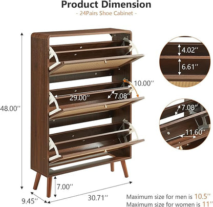 Rattan Shoe Cabinet with 3 Flip Drawers, 48 Pairs Narrow Shoe Storage Cabinet for Entryway Freestanding Hidden Shoe Rack, Modern Slim Wood Shoe Organizer for Hallway, Walnut