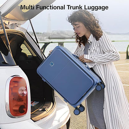 Hanke 24 Inch Luggage with Cup Holder and Charge,Top Opening Hard Shell Suitcases with Wheels and Dividers,Aluminum Frame Trunk Luggage Medium Checked Suitcase with Lock for Travel,Interstellar Blue