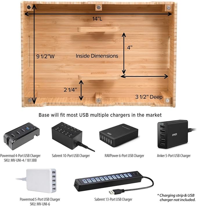 MobileVision Bamboo 12-Port Charging Station & Docking Organizer for Smartphones & Tablets, Family-Sized, for use in Corporate Offices & Classrooms (2 Bamboo Iwatch Adapter Stand add on Included)