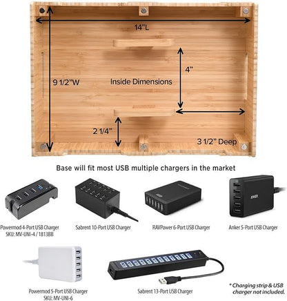MobileVision Bamboo 12-Port Charging Station & Docking Organizer for Smartphones & Tablets, Family-Sized, for use in Corporate Offices & Classrooms (2 Bamboo Iwatch Adapter Stand add on Included)