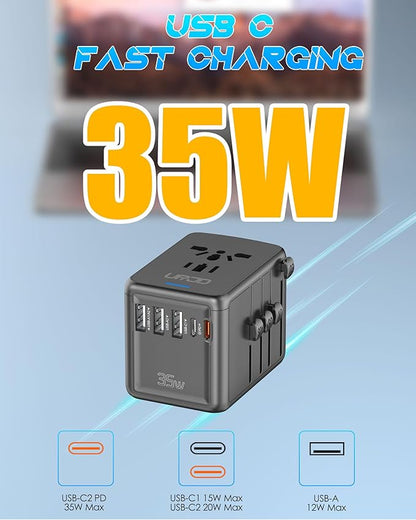 35W PD Universal Travel Adapter, 5 USB A/C Ports and 2500W AC Outlet, Fast Charging International Plug Converter Worldwide Travel Charger Multi Plugs All in One for EU US UK AUS 200+ Countries