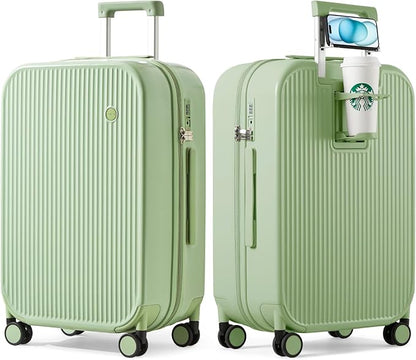 mixi Checked Luggage with Cup Phone Holder Hard Shell Rolling Travel Suitcase with Spinner Wheels,26 Inch Avocado Green