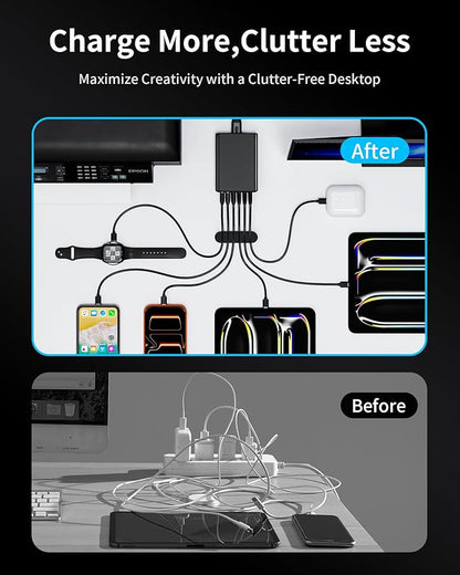 USB C Charger Block, 105W Max GaN 6-Port Fast Desktop Charging Station, Wall Charger Power Strip Adapter Plug for iPhone 17/16/15, iPad, Samsung and More (Cable Organizer Included)