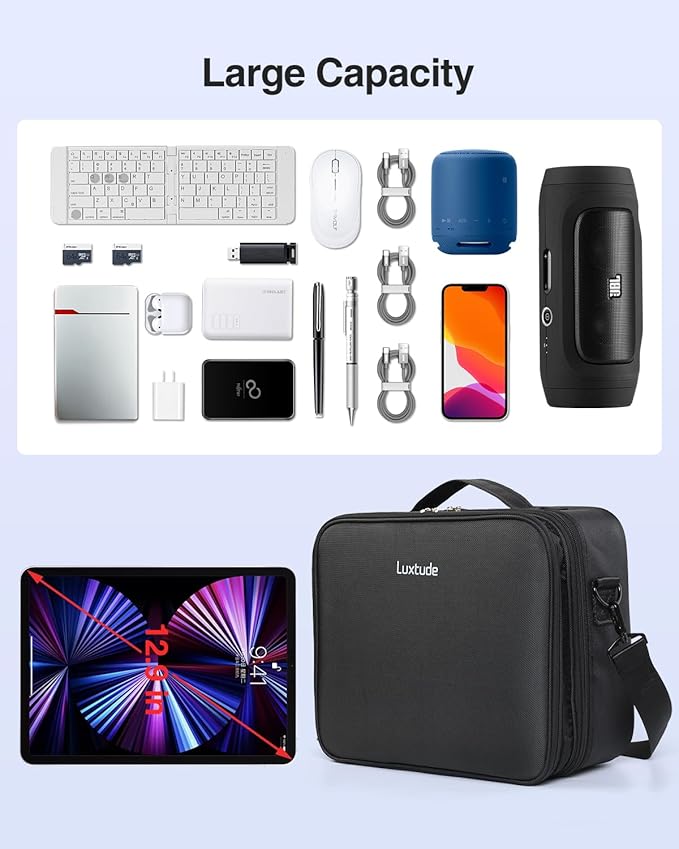 Luxtude Electronic Organizer Travel Case Large, Double Layer Tech Carrying Case, Home Electronics Bag Fits for iPad (Up to 12.9 in)