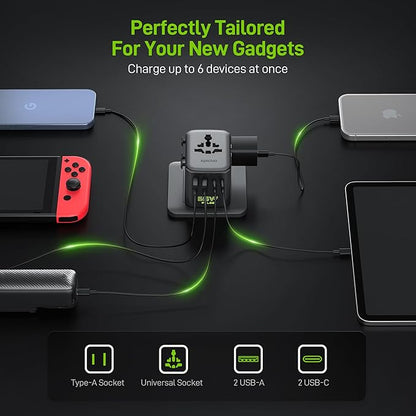 Epicka Pulse Duo 65W International Power Adapter, Universal Travel Adapter with 6-Port (2 AC/2 USB-A/2 USB-C), European Travel Plug Adapter with PD & QC 3.0 Fast Charging, Travel Essentials (Black)