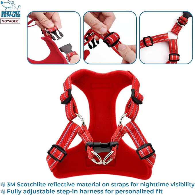 Best Pet Supplies Voyager Mesh Dog Breathable Harness Reflective Stitching, All Weather Adjustable for Walking Training, or Running - Heavy Duty & Durable, Harness (Red), XS