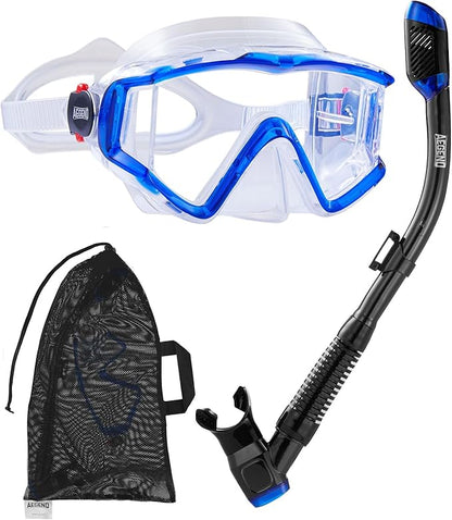 Aegend Snorkeling Gear for Adults Youth Kids, Dry Snorkel Set Panoramic View Enhanced Anti-Leak and Anti-Fog Technology, Adjustable Strap for Snorkeling Scuba Diving Swimming with Mesh Bag