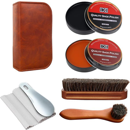 IKI Shoe Shine Polish Kit - 7PCS Leather Boot Care Kit with Black Brown Shoe Polish Horsehair Brush Cloth Shoe Horn for Men