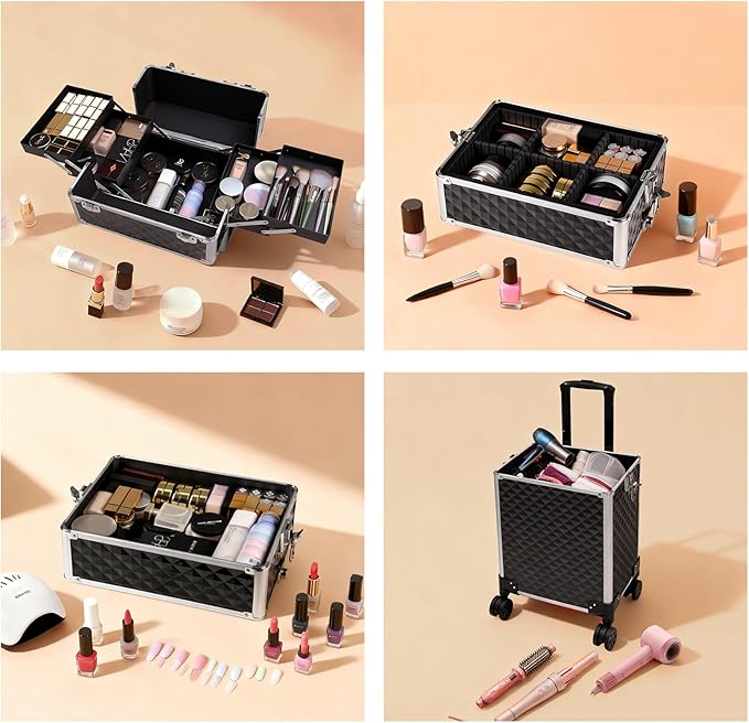 Professional Rolling Makeup Case, Cosmetology Case on Wheels 4 in 1 Large Cosmetic Train Case, Ideal Gift for Hairstylist, Nail Techs, Portable Beauty Organizer for Travel or Salon Use