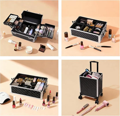 Professional Rolling Makeup Case, Cosmetology Case on Wheels 4 in 1 Large Cosmetic Train Case, Ideal Gift for Hairstylist, Nail Techs, Portable Beauty Organizer for Travel or Salon Use