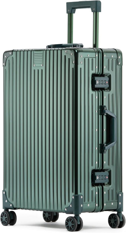 Metal All Aluminum Carry-on Luggage TSA Customs Lock Zipperless Silent Rotary Wheel Business Suitcase Aluminum Frame Set (dark green, 24 '')