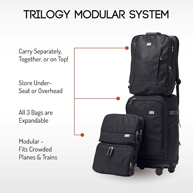 Trilogy Modular System I Modular 4-wheel spinner carry-on, with two zip-off bags! All 3 are Expandable! You get 3 bags in 1! Mix and match; take apart to fit crowded airplane spaces (Black)