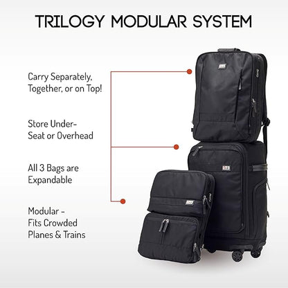 Trilogy Modular System I Modular 4-wheel spinner carry-on, with two zip-off bags! All 3 are Expandable! You get 3 bags in 1! Mix and match; take apart to fit crowded airplane spaces (Black)