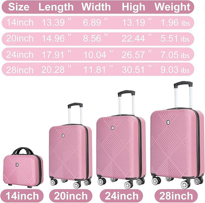 Luggage 4 Piece Set, Hardshell ABS Suitcase Set with Double Spinner Wheels, Lightweight Durable Large Luggage set, Carry On and Checked Travel Luggage, Pink