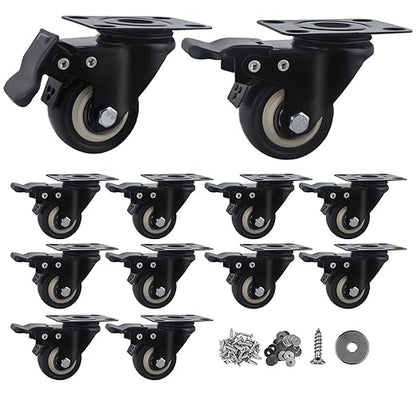 2 Inch Caster Wheels Set of 12, Heavy Duty Casters,with Brake,No Noise Locking Polyurethane (PU) Wheels, for Furniture and Workbench Load 800lbs
