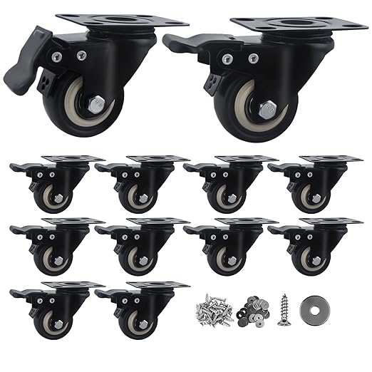 2 Inch Caster Wheels Set of 12, Heavy Duty Casters,with Brake,No Noise Locking Polyurethane (PU) Wheels, for Furniture and Workbench Load 800lbs