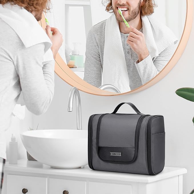 WITZMAN Toiletry Bag for Men Women Large Hanging Multi-organization Bathroom Bag Water-resistant Dopp Kit Shaving Bag Men(B690 Silvery Grey)