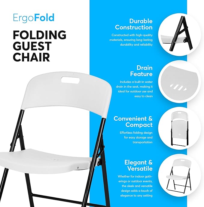 Oline Folding Chair, Indoor Outdoor Plastic Commercial Stackable Foldable Guest Chairs for Events Office Wedding Party Picnic Kitchen Dining, 350lb Capacity (White, 4 Pack)