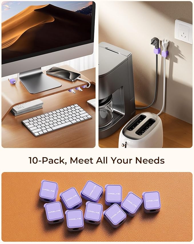 MRGLAS 10-Pack Magnetic Cable Management Cord Organizer,[1s Lock] Cable Holder Clips -Desk Cable Clips [Cable Smooth Adjustable], Adhesive Wire Organizer Keeper for Nightstand Desktop Office-Purple