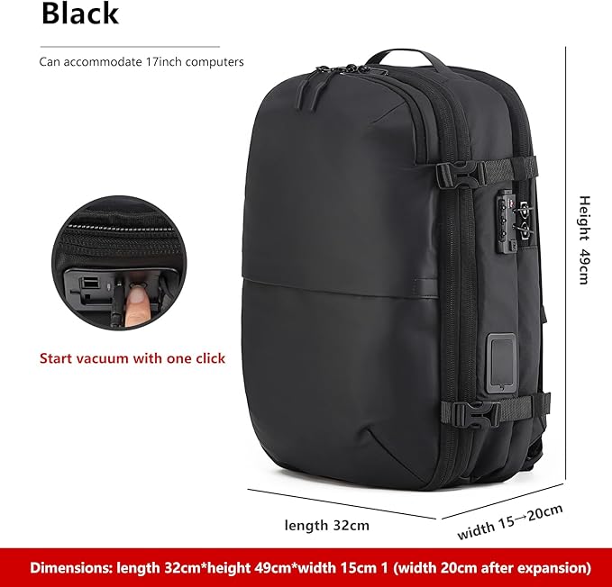 LIGHTGO] Travel-friendly Vacuum Packing Backpack with Built-in Air Pump, Portable Compression Cube, TSA-approved Lock, and Waterproof for College Students and Family Trips.