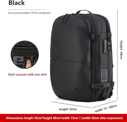 LIGHTGO] Travel-friendly Vacuum Packing Backpack with Built-in Air Pump, Portable Compression Cube, TSA-approved Lock, and Waterproof for College Students and Family Trips.