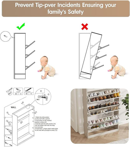 Shoe Cabinet with 3 Flip Drawers & 2 Drawers,Freestanding Shoe Storage Cabinet for Entryway,Farmhouse Narrow Slim Organizer Rack for Foyer,Hallway,White