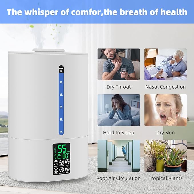 6L Humidifiers for Bedroom Large Room Home, Cool and Warm Humidifier for Baby and Plants Mist Top Fill Desk Humidifiers Essential Oil Diffuser, Quiet with Adjustable Mist,360°Nozzle-White