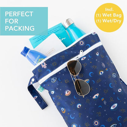 Bumkins - Waterproof Wet and Wetdry Bags - For Beach, Baby, Travel, Swim Suit, Cloth Diapers, Pump Parts, Pool, Gym, Toiletries - Reusable & Easy to Clean - Evil Eye - 2 Pack