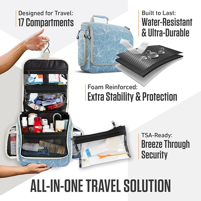 VENTURE 4TH Hanging Travel Toiletry Bag for Women & Men – Large Toiletry Organizer with 17 Compartments, Removable TSA Pouch, Travel Wash Bag for Toiletries, Makeup & Shaving Kit (Blue Flowers)