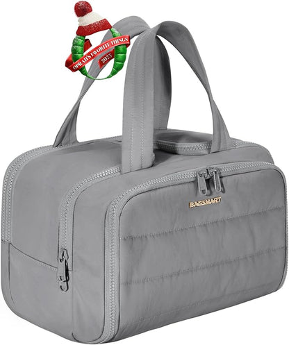 BAGSMART Travel Toiletry Bag, Lightweight Large Wide-open Travel Bag for Women, Puffy Cosmetic Makeup Bag Organizer with Handle for Accessories,Essentials, Toiletries, Grey