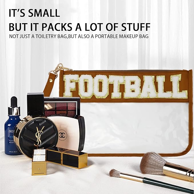2 Pcs Football Gifts Makeup Bag with Chenille Letter Patch,with Handles PVC Waterproof Clear Makeup Bag,Portable Toiletry Storage Bag,Players & Fans Birthday, Team or Sports Lover Presents