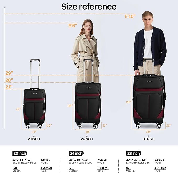 2-Piece Set Front Opening,Softside Luggage Sets w/Double Spinner Wheels Expandable Luggage,Lightweight Travel Luggage Rolling Suitcase w/LOCK（Black-Burgundy,20in/28in）