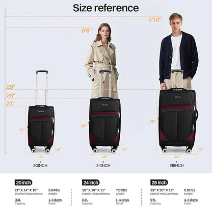 2-Piece Set Front Opening,Softside Luggage Sets w/Double Spinner Wheels Expandable Luggage,Lightweight Travel Luggage Rolling Suitcase w/LOCK（Black-Burgundy,20in/28in）