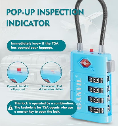 ANVIL 4 Digit Luggage Locks, TSA Locks for Luggage, Advanced TSA008 core, Alert Indicator for Your Travel Lock, Suitcase Lock. (4, Blue)
