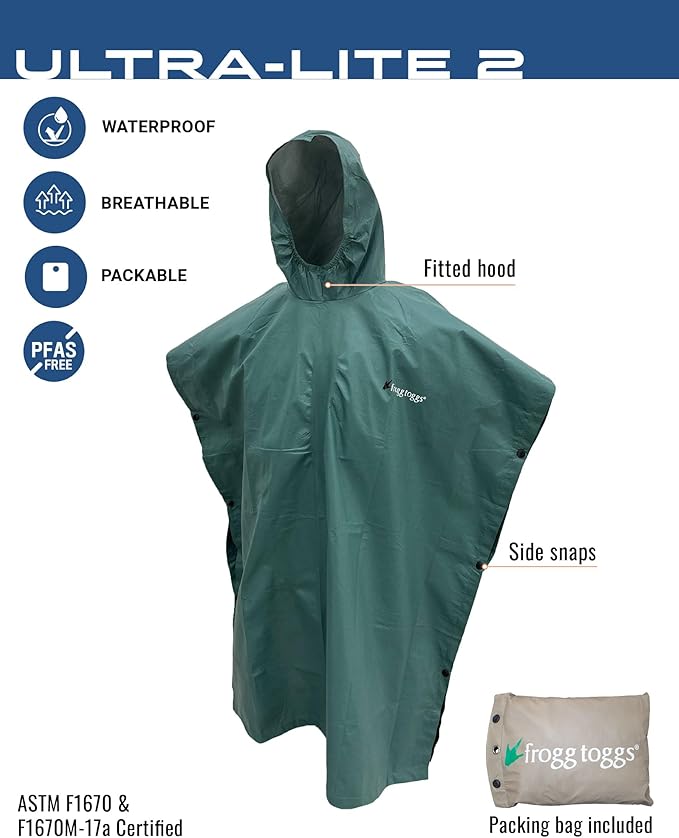 FROGG TOGGS Ultra-lite2 Waterproof, Breathable Rain Poncho, Adult and Youth Sizes