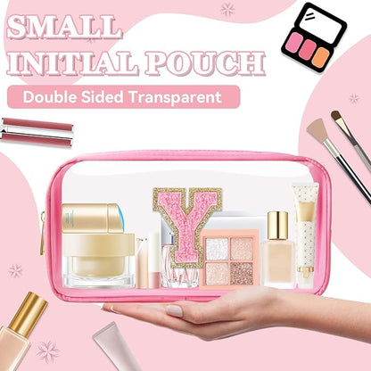 Small Clear Personalized Initial Makeup Bag, Preppy A-Z Chenille Letter Patch Cosmetic Bag, Cute Transparent Nylon Waterproof Zipper Beach Varsity Letter Pouch, Gift for Women Girls(Pink-Pink Y)
