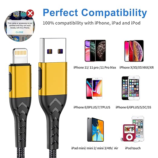 iPhone Charger, [Apple MFi Certified] 3Pack 10FT USB A Cable for Lightning Charger Cable, Fast iPhone Charging Cord Compatible with with iPhone Xs Max/XS/XR/X/8/7/6S/6/Plus/SE/iPad(Gold)