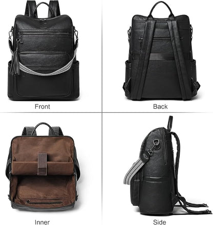 Shrrie 15.6 inch Laptop Backpack for Women,Large Leather Backpack Purse,Travel,Carry on,Water Resistant Casual Laptop Backpacks,College Backpack,Work Backpack for Women,Two-tone Black